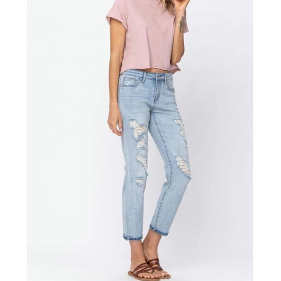 Judy Blue Distressed Blue Jeans Boyfriend Light Wash 15 32 14 Destroyed Ankle - Picture 5 of 15